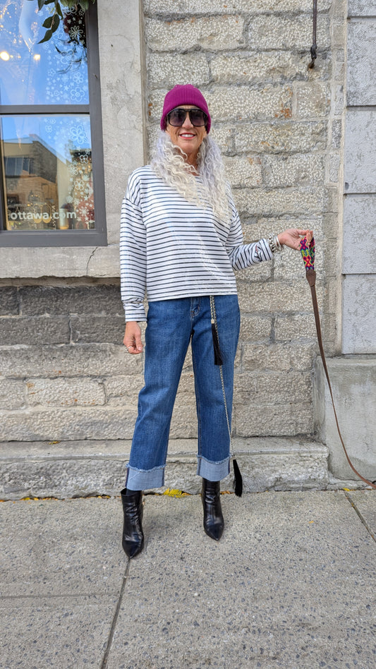 Sequin Stripe Long Sleeve Top- Dark Navy and White