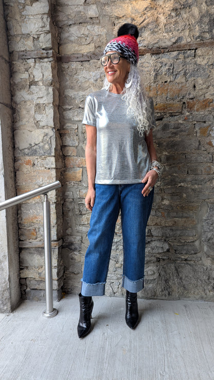 Metallic V neck T shirt- SILVER