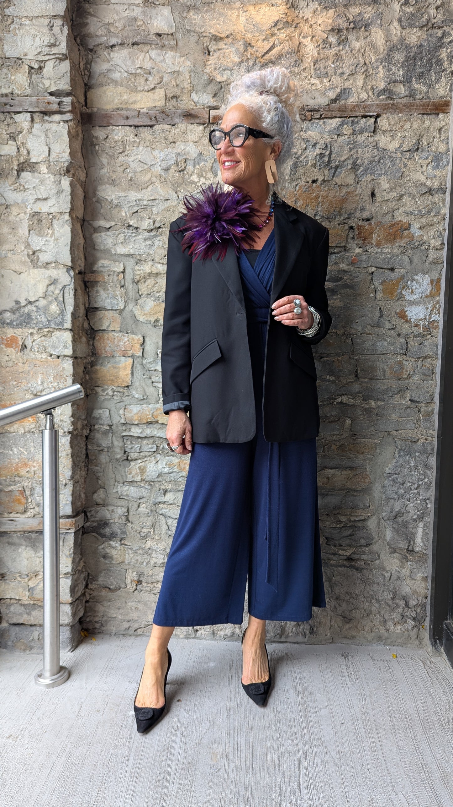 V neck Short Sleeve Wide Leg Jumpsuit- NAVY BLUE