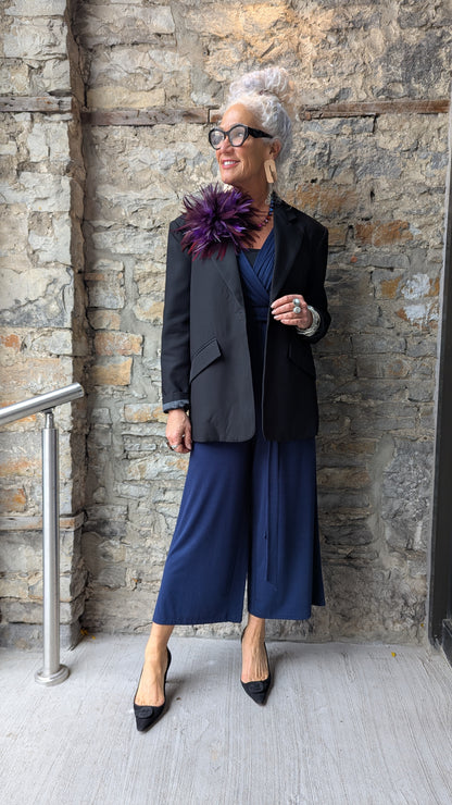 V neck Short Sleeve Wide Leg Jumpsuit- NAVY BLUE