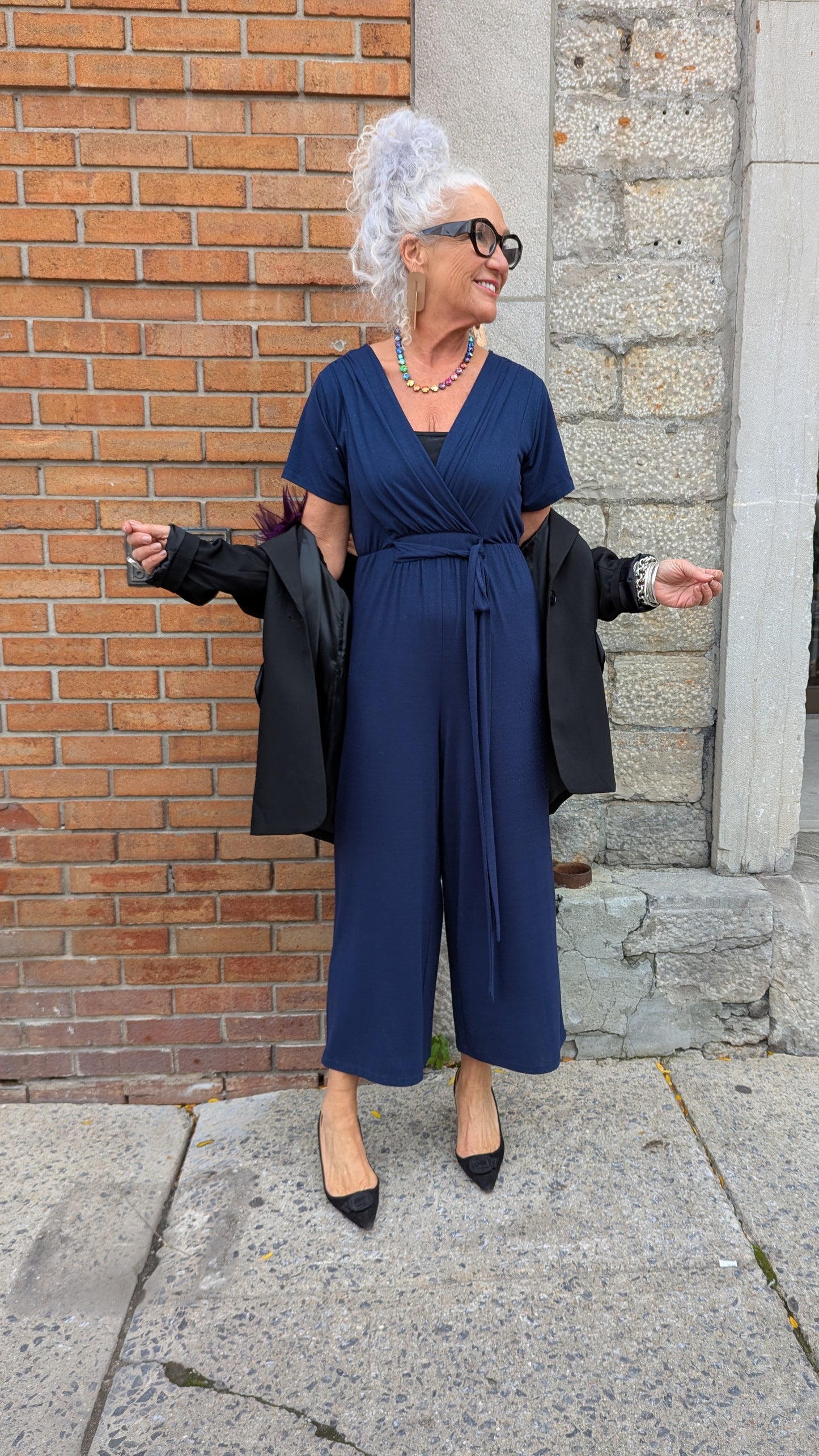 V neck Short Sleeve Wide Leg Jumpsuit- NAVY BLUE