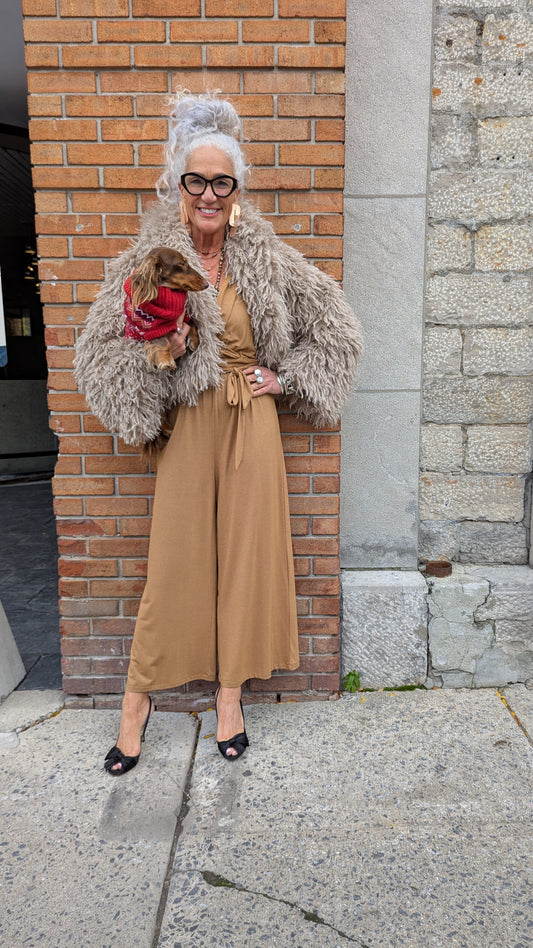 V neck Short Sleeve Wide Leg Jumpsuit- CAMEL with GOLD flecks