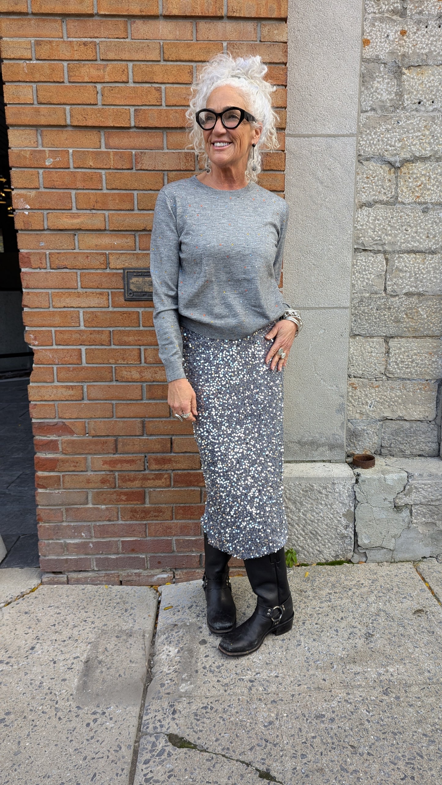 Grey Fine Knit Sweater with Multicoloured Rhinestone Details