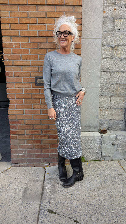 Grey Fine Knit Sweater with Multicoloured Rhinestone Details