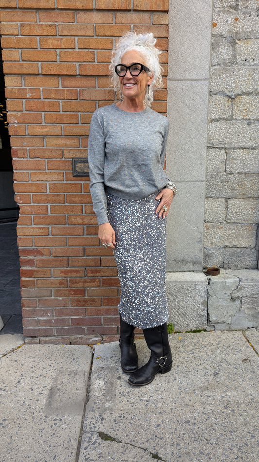 Grey Fine Knit Sweater with Multicoloured Rhinestone Details