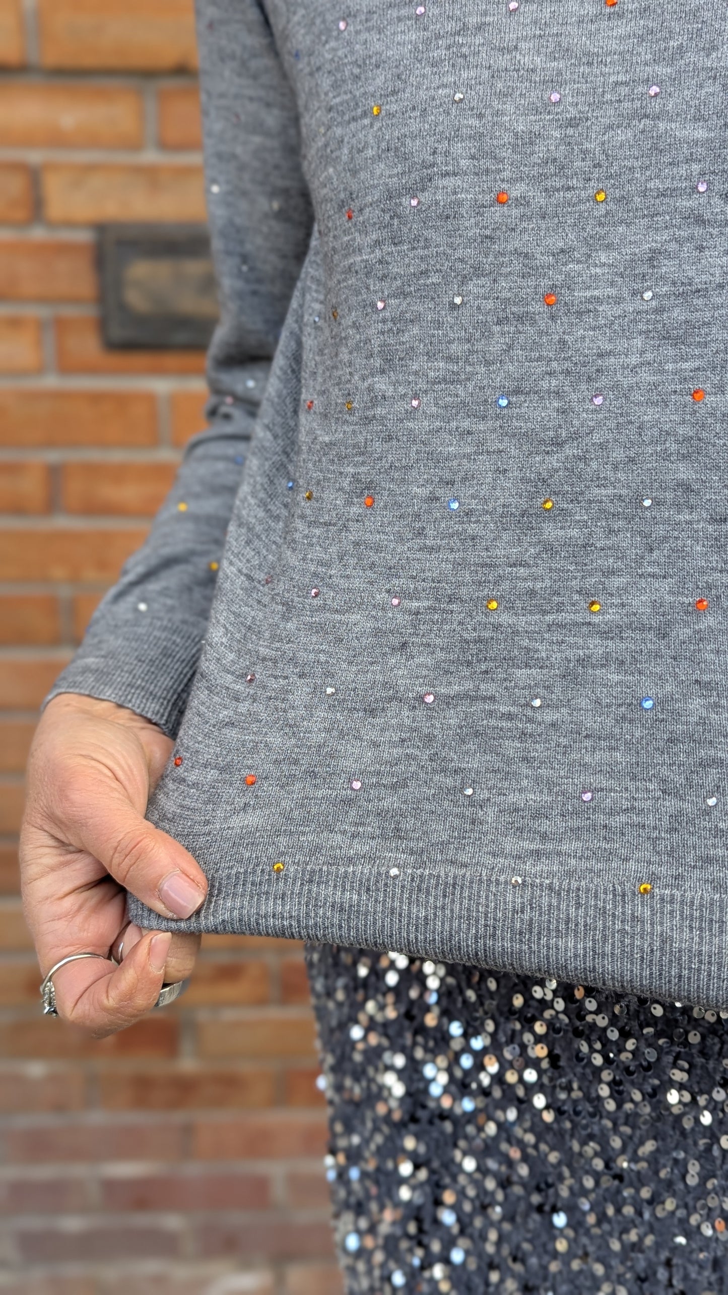 Grey Fine Knit Sweater with Multicoloured Rhinestone Details