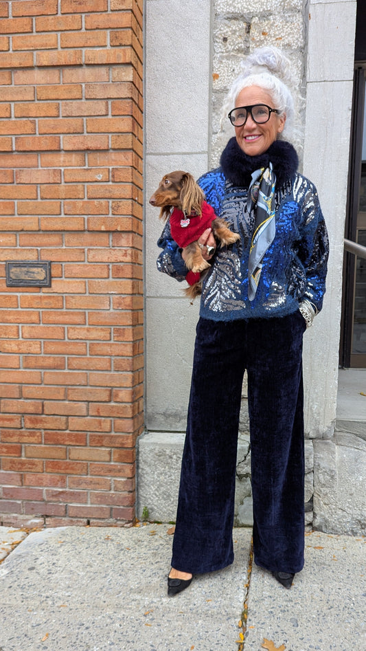 Navy Faux Crushed Velvet Pants with POCKETS