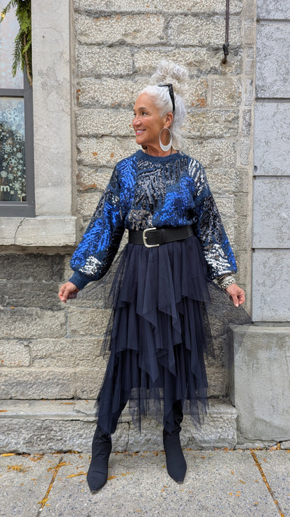 Blue Sequin Crew Neck Sweater