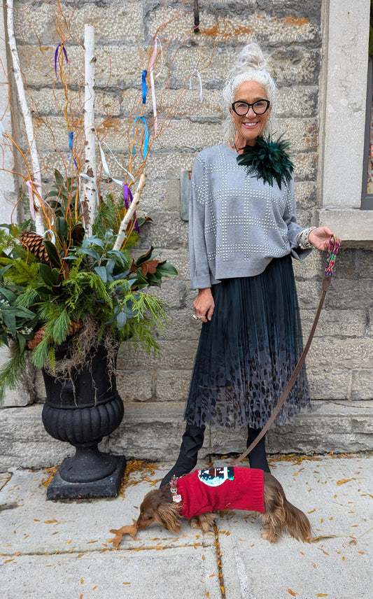 Knit Drop Shoulder  Silver Studded Crew Neck Sweater - GREY