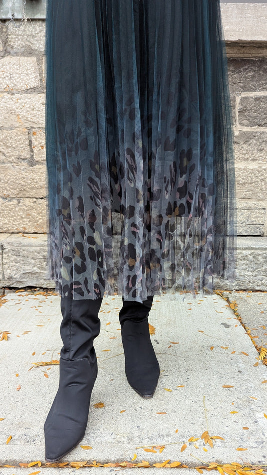 Green Animal Print Ombre Pleated Tulle Skirt