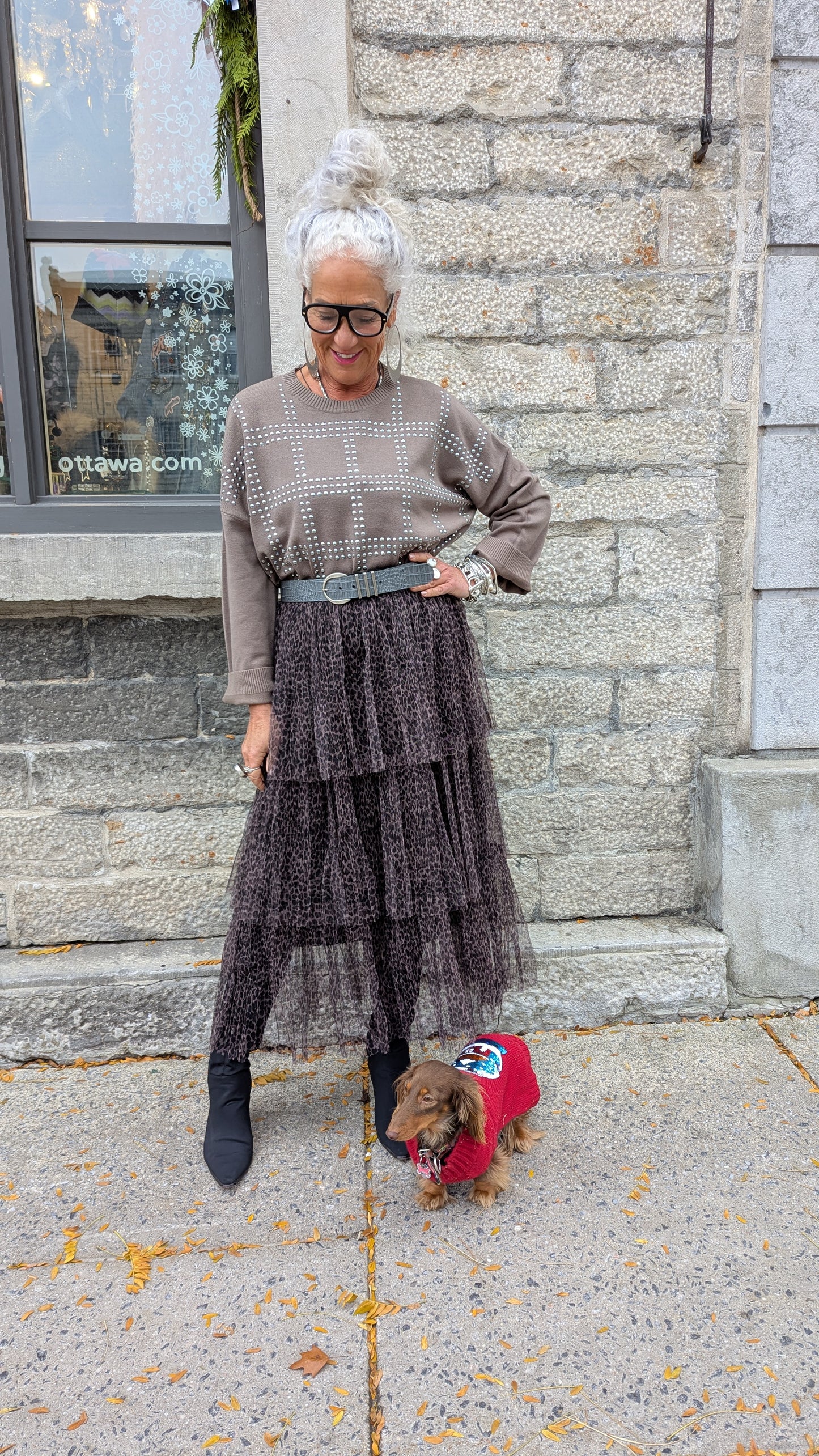 Knit Drop Shoulder Silver Studded Crew Neck Sweater - TAUPE