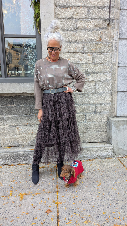 Knit Drop Shoulder Silver Studded Crew Neck Sweater - TAUPE