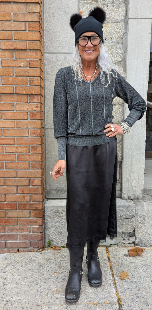 Black and Silver Metallic Lightweight V-neck Sweater