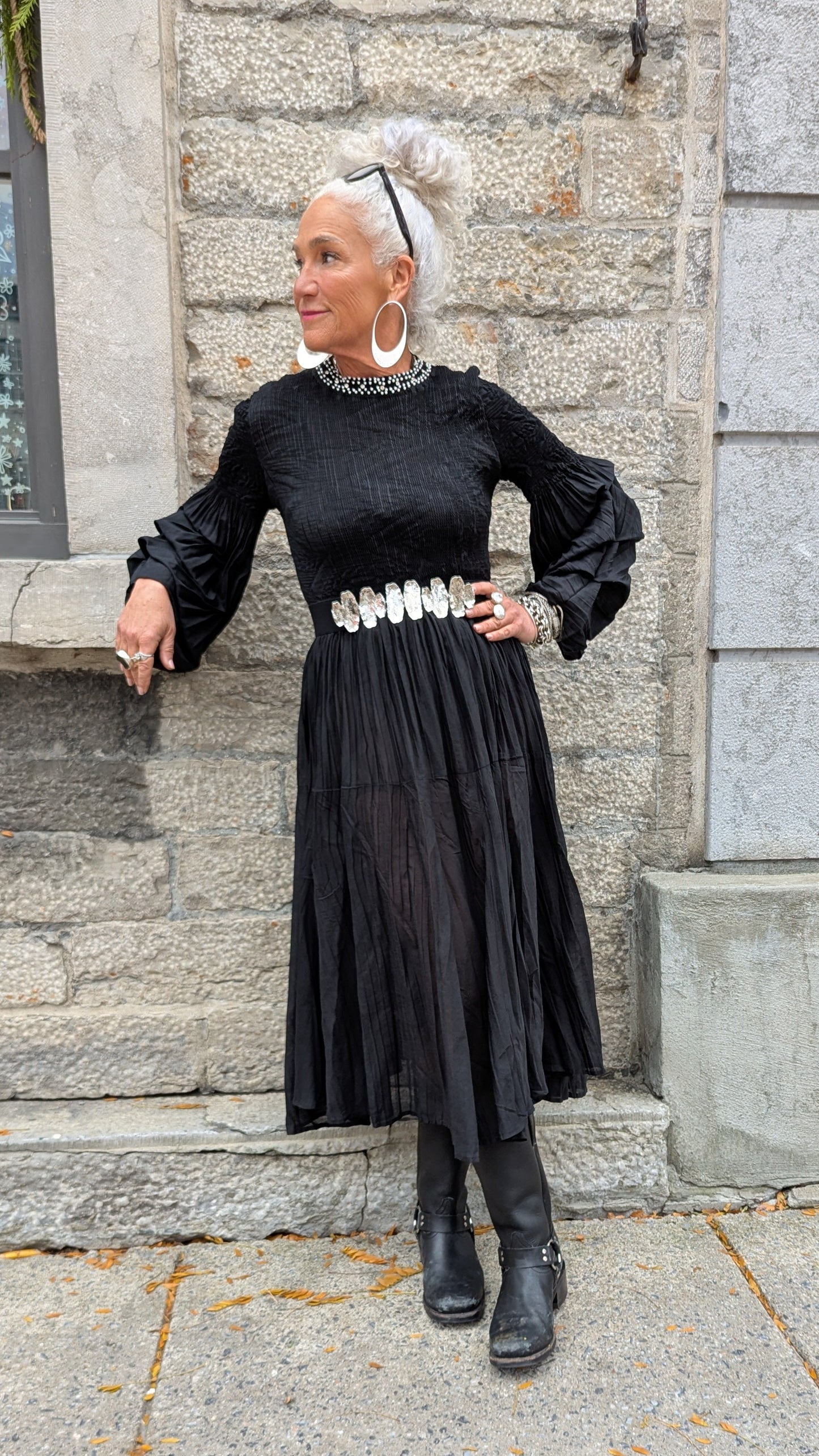 Black Smocked Maxi Dress with Pearl and Rhinestone Detailing