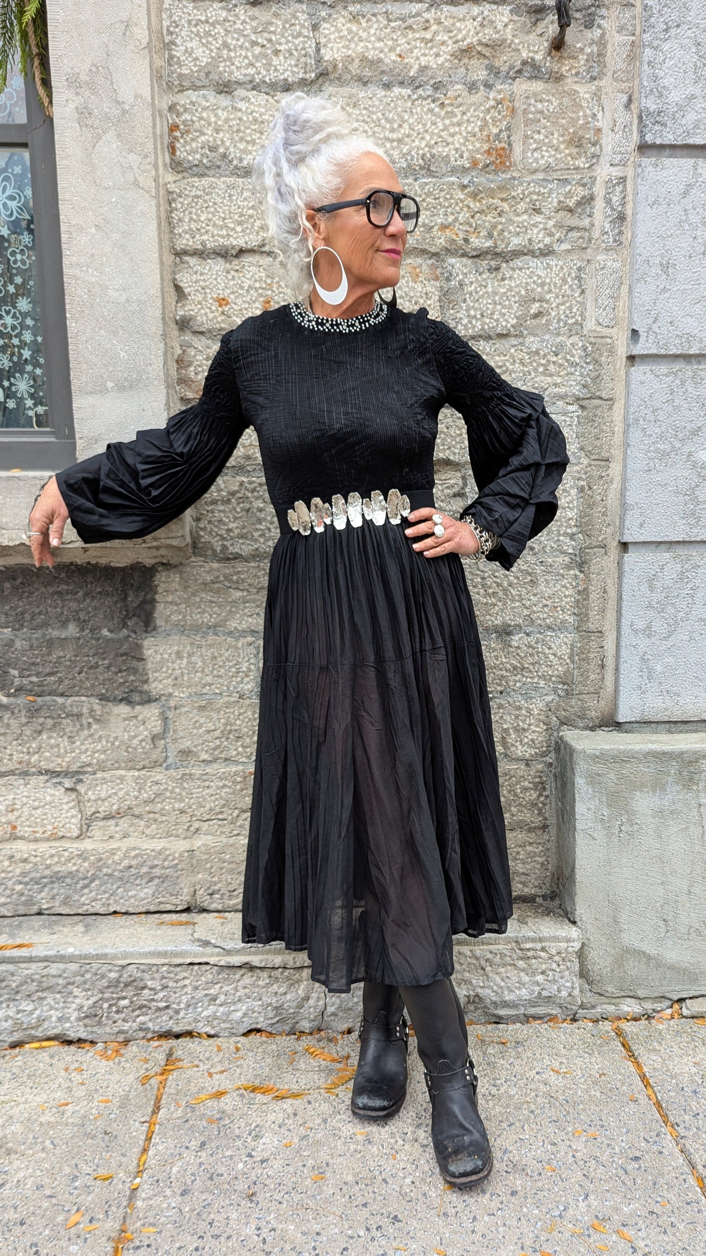 Black Smocked Maxi Dress with Pearl and Rhinestone Detailing
