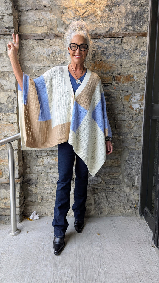 100% Wool Oversized Knit Colour Block Poncho - Ivory, Tan, Blue