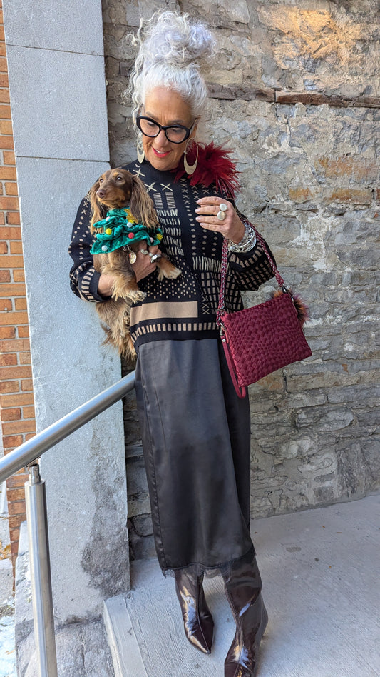 Black and Tan Embroidered Patterned Sweater