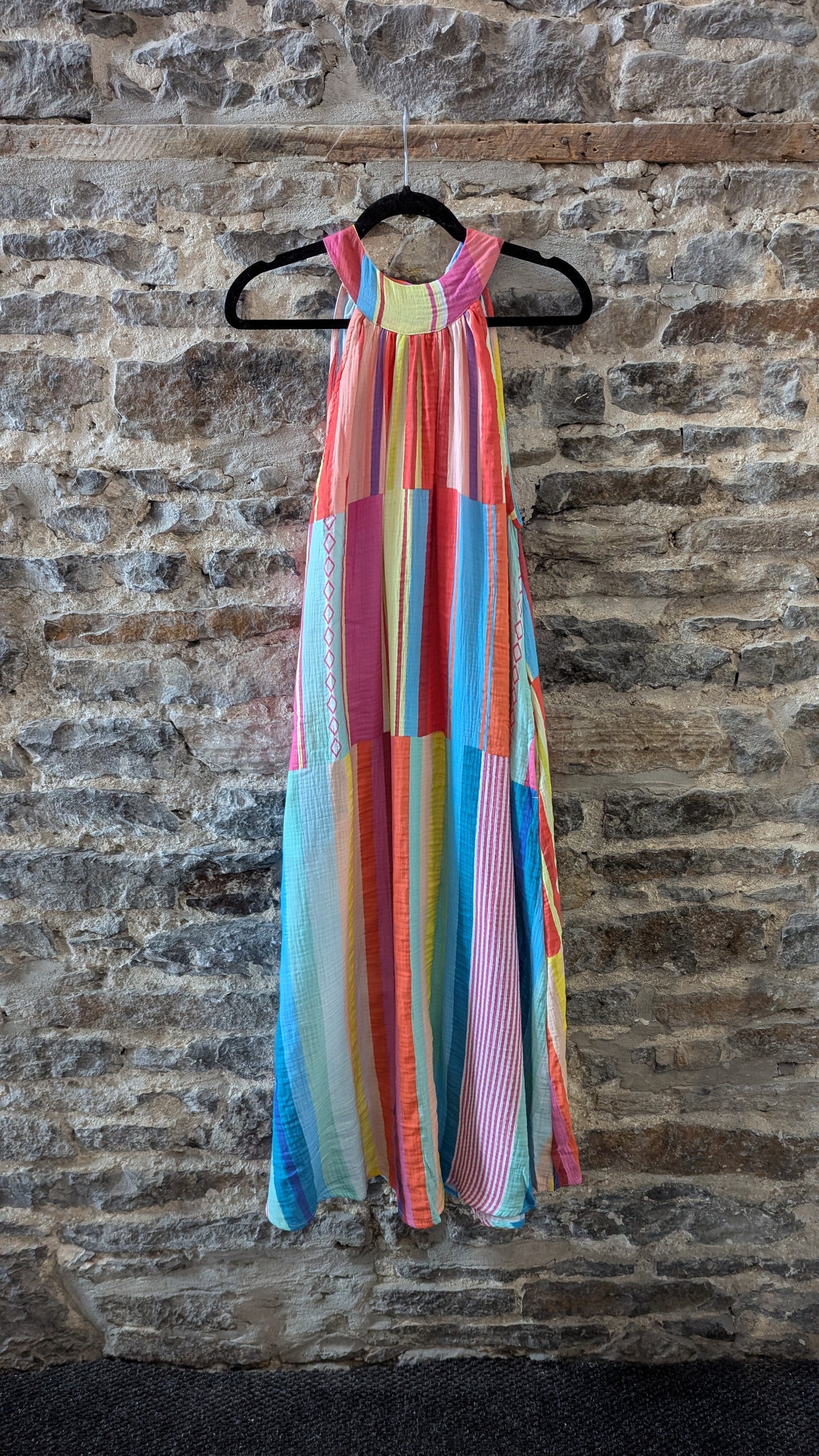 Lightweight 100% Cotton Multicolour Striped Tiered Halter Maxi Dress