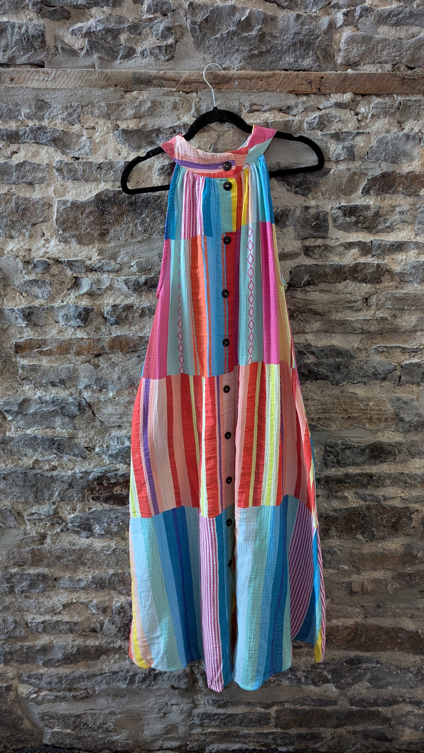 Lightweight 100% Cotton Multicolour Striped Tiered Halter Maxi Dress