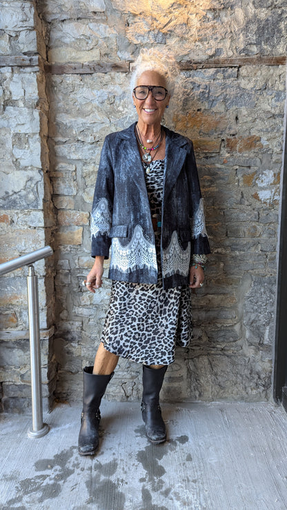 Black Denim Blazer with White Lace Details -Acid Wash