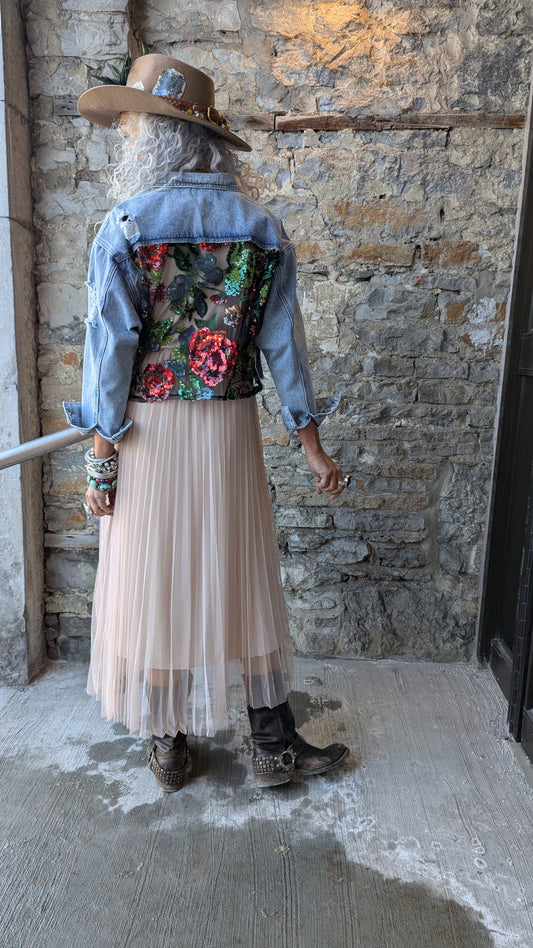 Cropped Distressed Denim Jacket with Floral Sequin Mesh Details