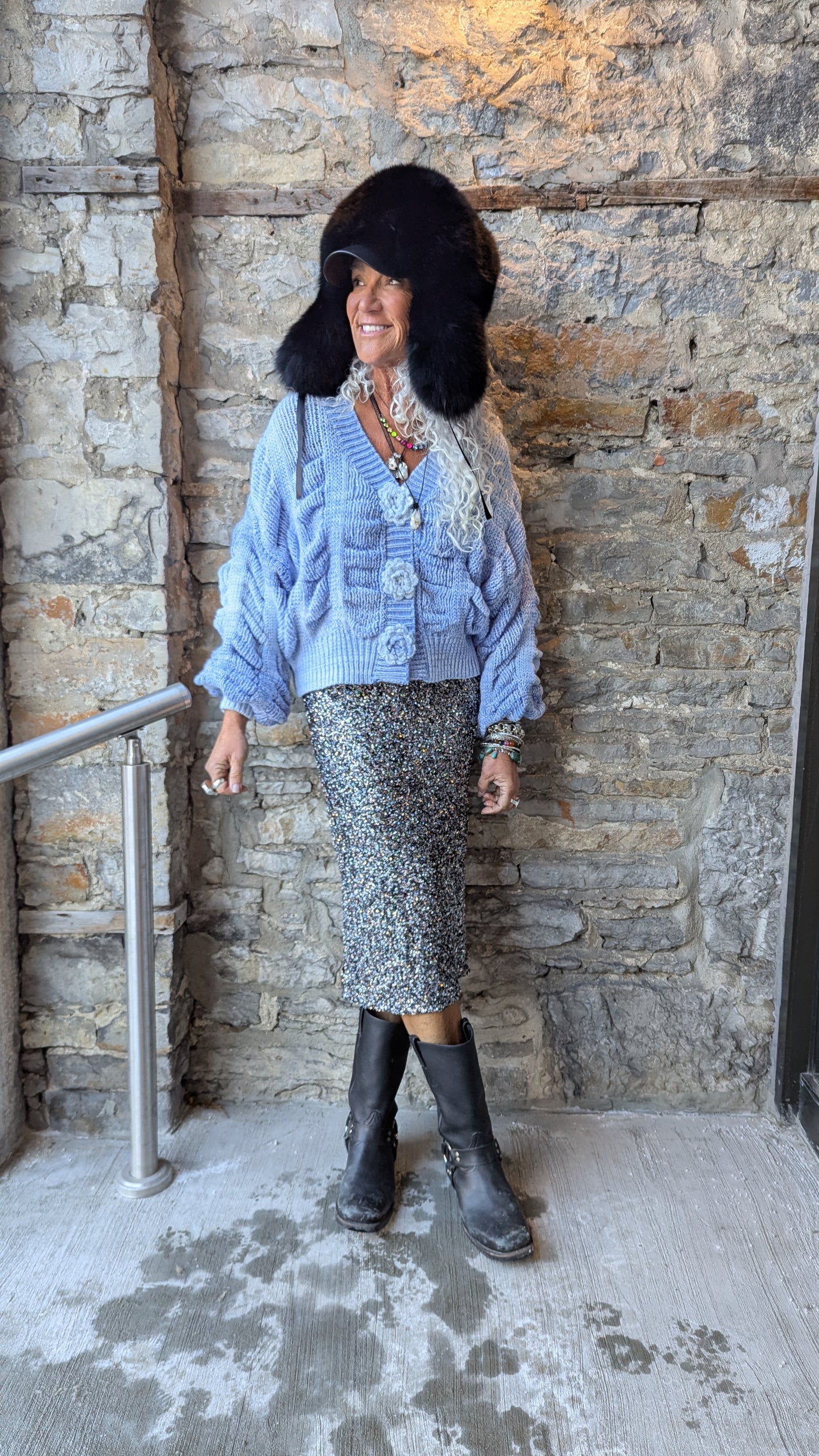 Oversized Blue Ombre Bubble Crochet Cardigan
