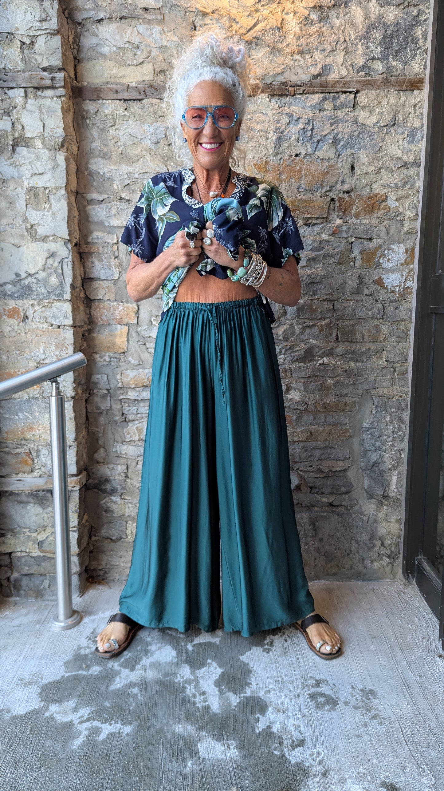 Lightweight Wide Leg Silk Blend Pant - Emerald Green