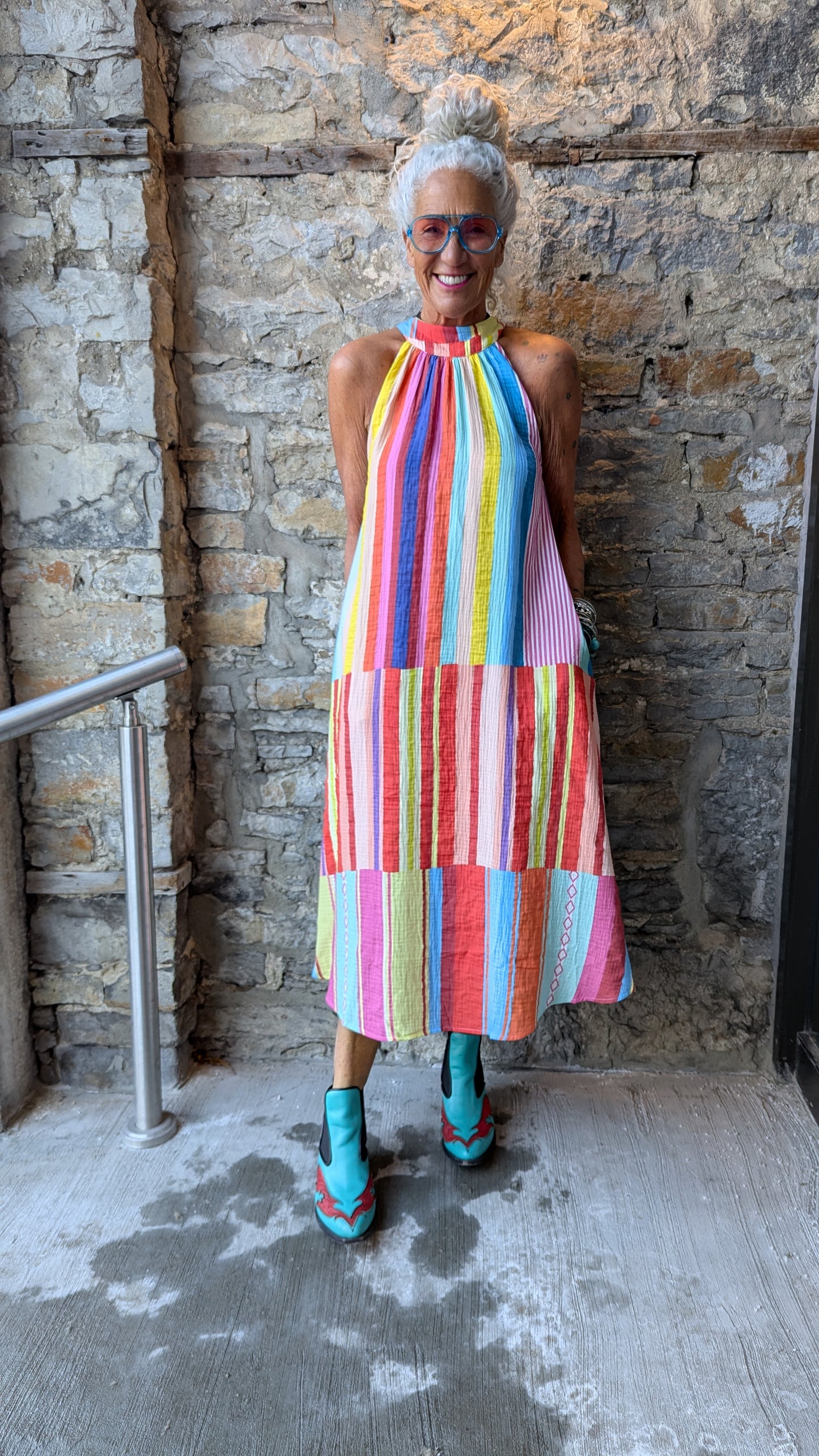Lightweight 100% Cotton Multicolour Striped Tiered Halter Maxi Dress