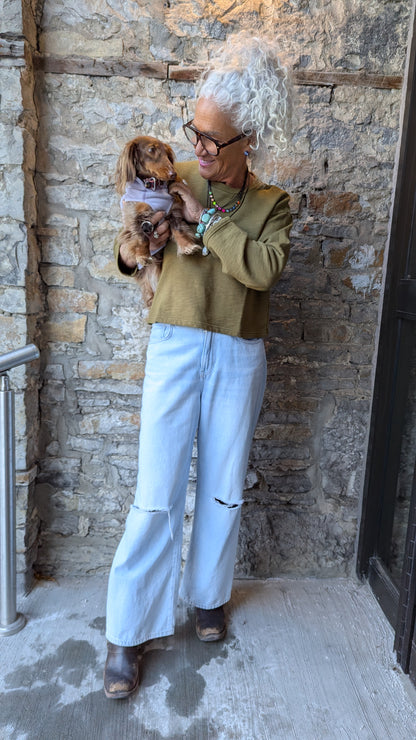 Crewneck Cotton Boxy Wide Sleeve Sweatshirt- Dark Olive