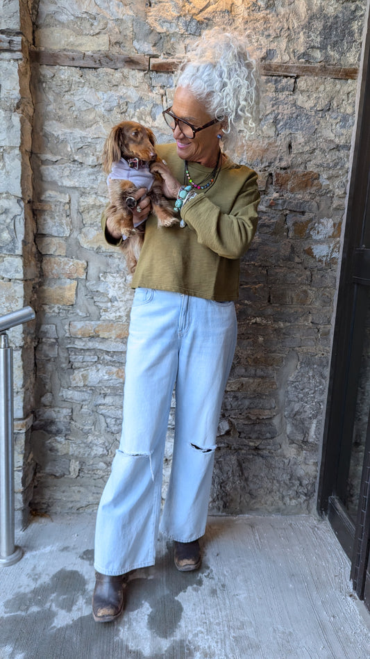 Crewneck Cotton Boxy Wide Sleeve Sweatshirt- Dark Olive