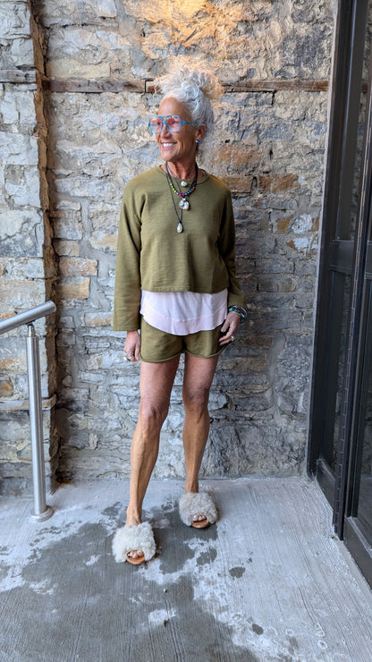 Crewneck Cotton Boxy Wide Sleeve Sweatshirt- Dark Olive