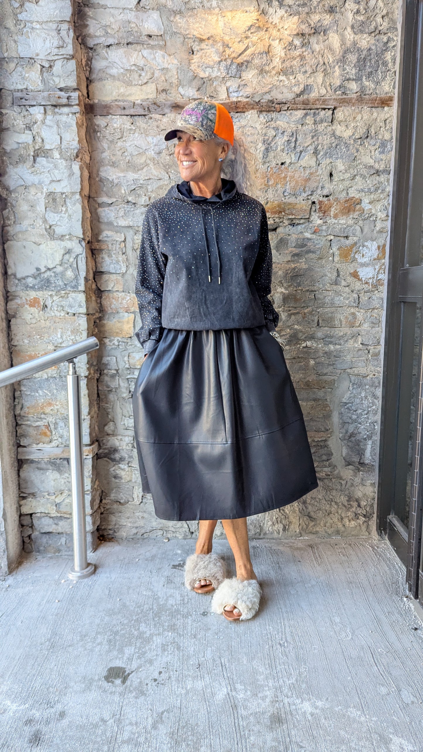 Pleather Midi Skirt with Pockets- BLACK