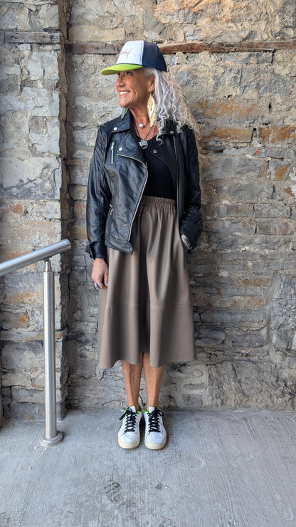 Pleather Midi Skirt with Pockets- TAUPE