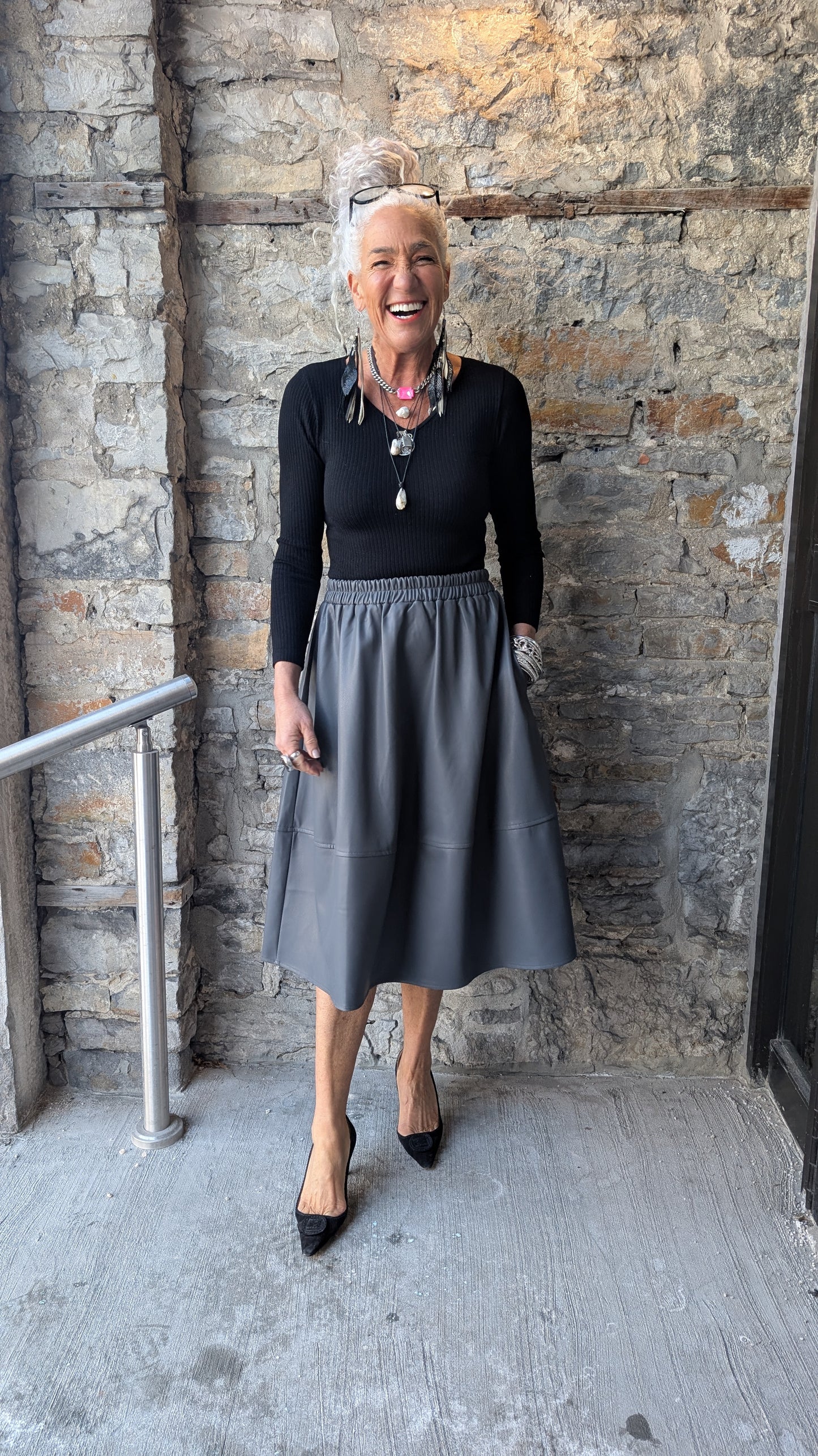 Pleather Midi Skirt with Pockets- GREY