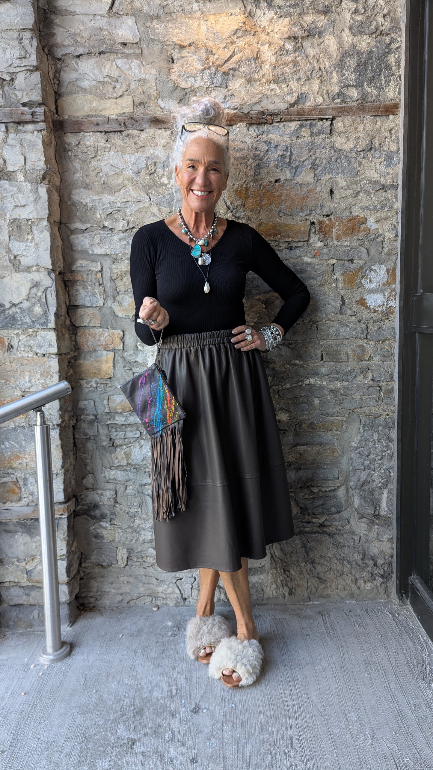 Pleather Midi Skirt with Pockets- BROWN