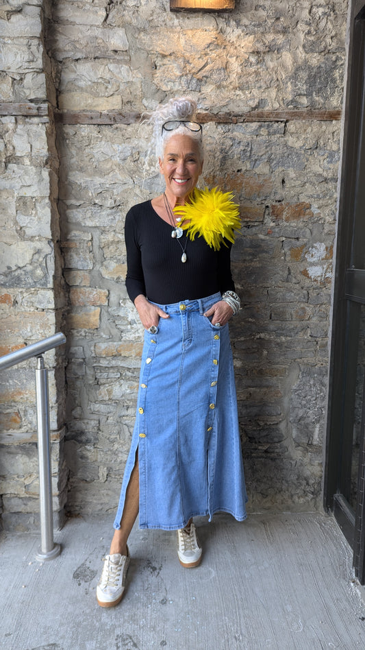 Cotton Denim Maxi Skirt with Gold Painted Buttons