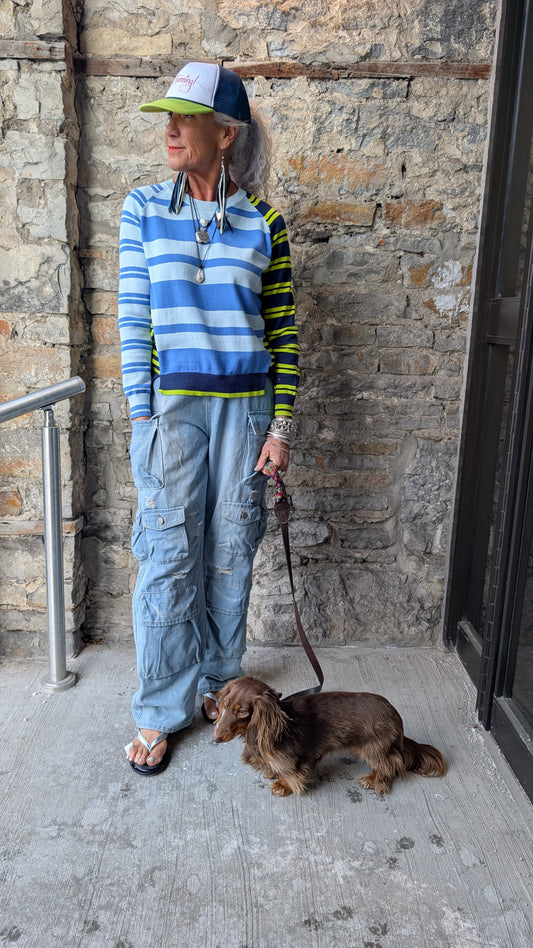 100% Cotton Multi Stripe Crewneck Sweater- Lime Green, Navy Blue, Periwinkle