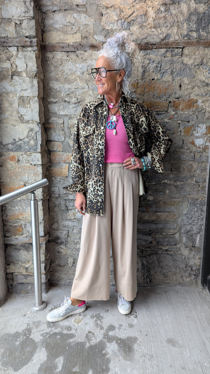 High Waisted Pleated Crop Wide Leg Trouser- TAN