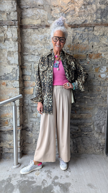 High Waisted Pleated Crop Wide Leg Trouser- TAN