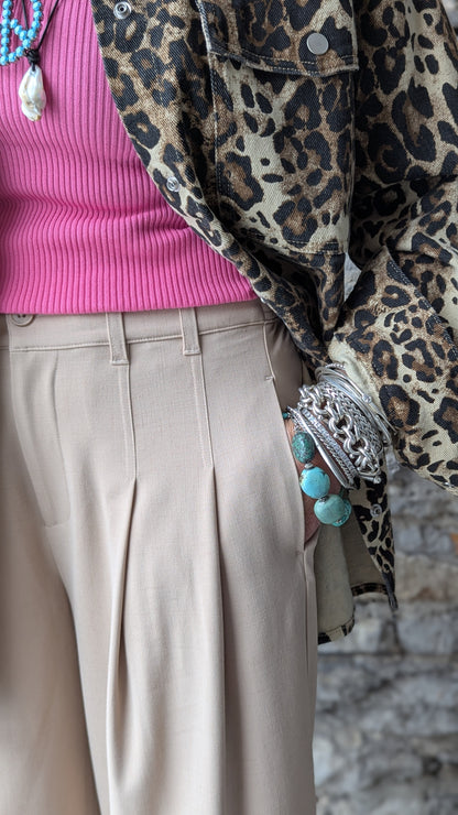 High Waisted Pleated Crop Wide Leg Trouser- TAN
