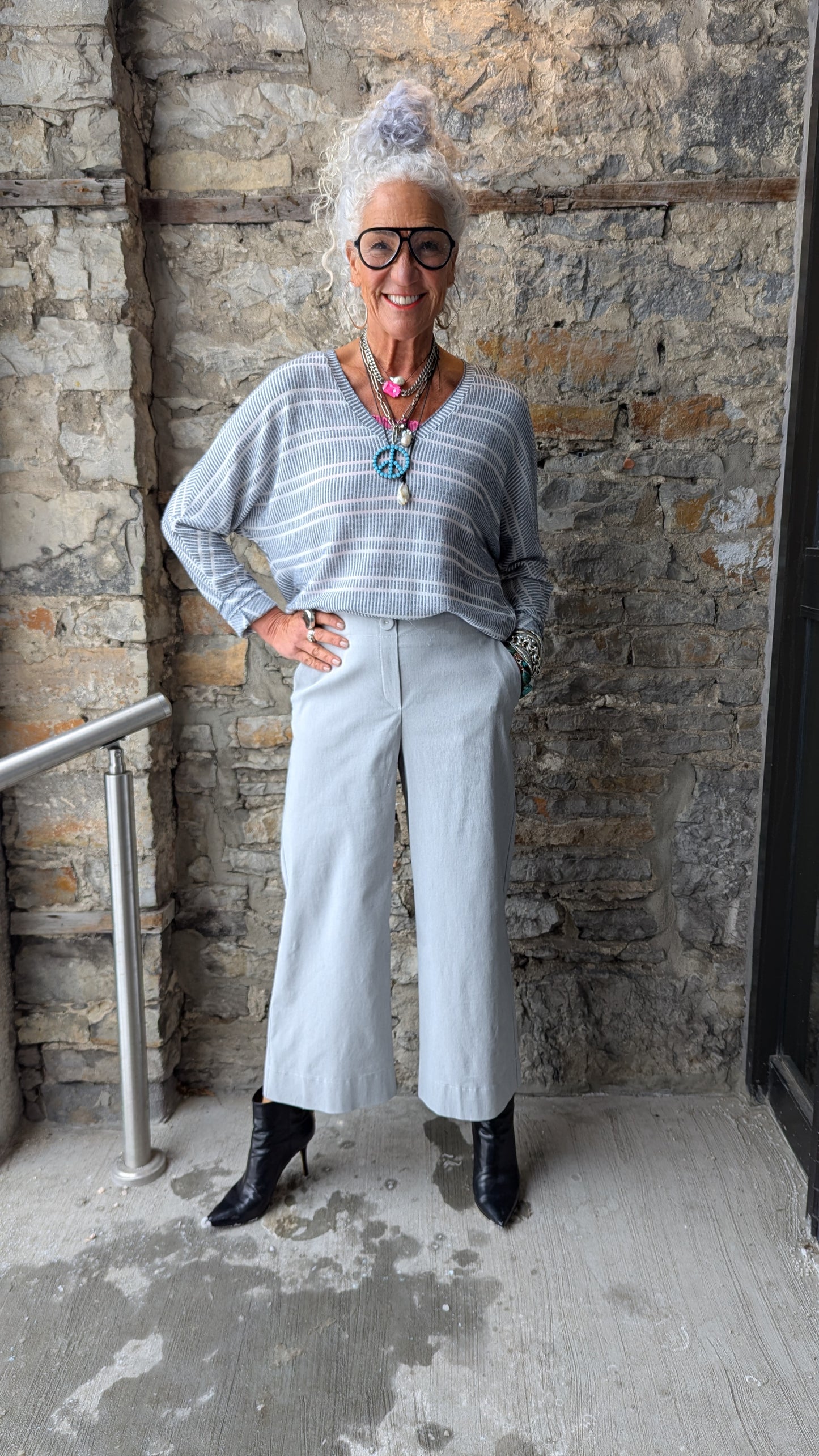 Striped Wide Leg Cropped Pant- GREY & WHITE
