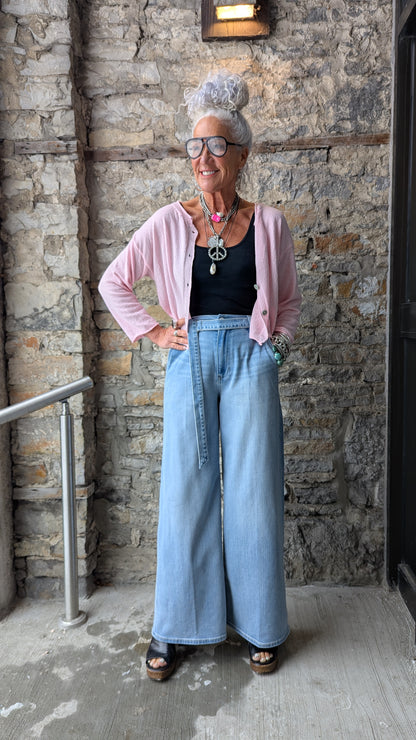High Rise Wide Leg Jean with Belt- Light Denim