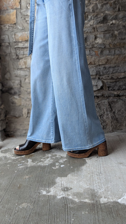 High Rise Wide Leg Jean with Belt- Light Denim