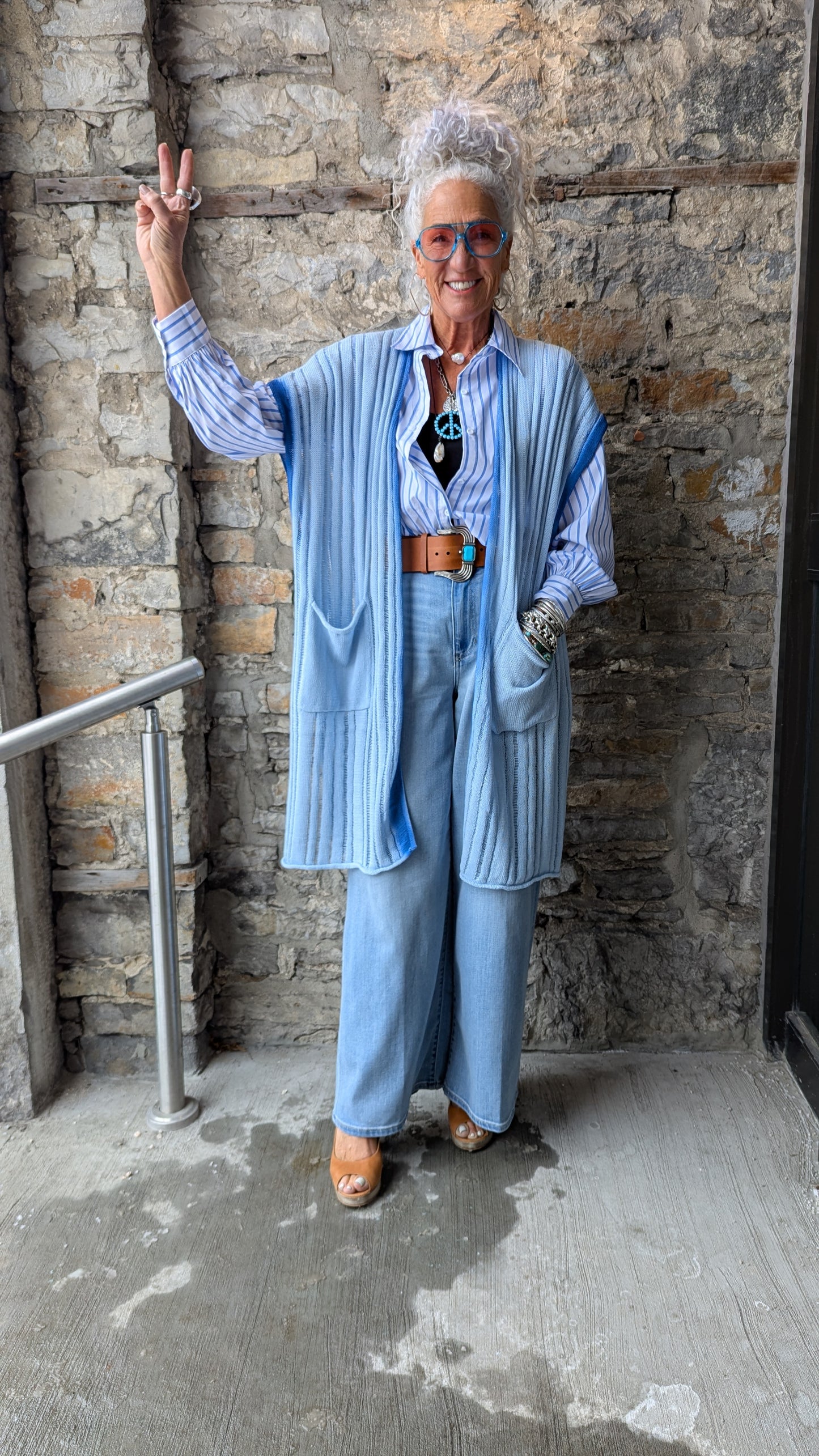 100% Cotton Knit Open Front Blue Ombre Kimono - Shades of Denim
