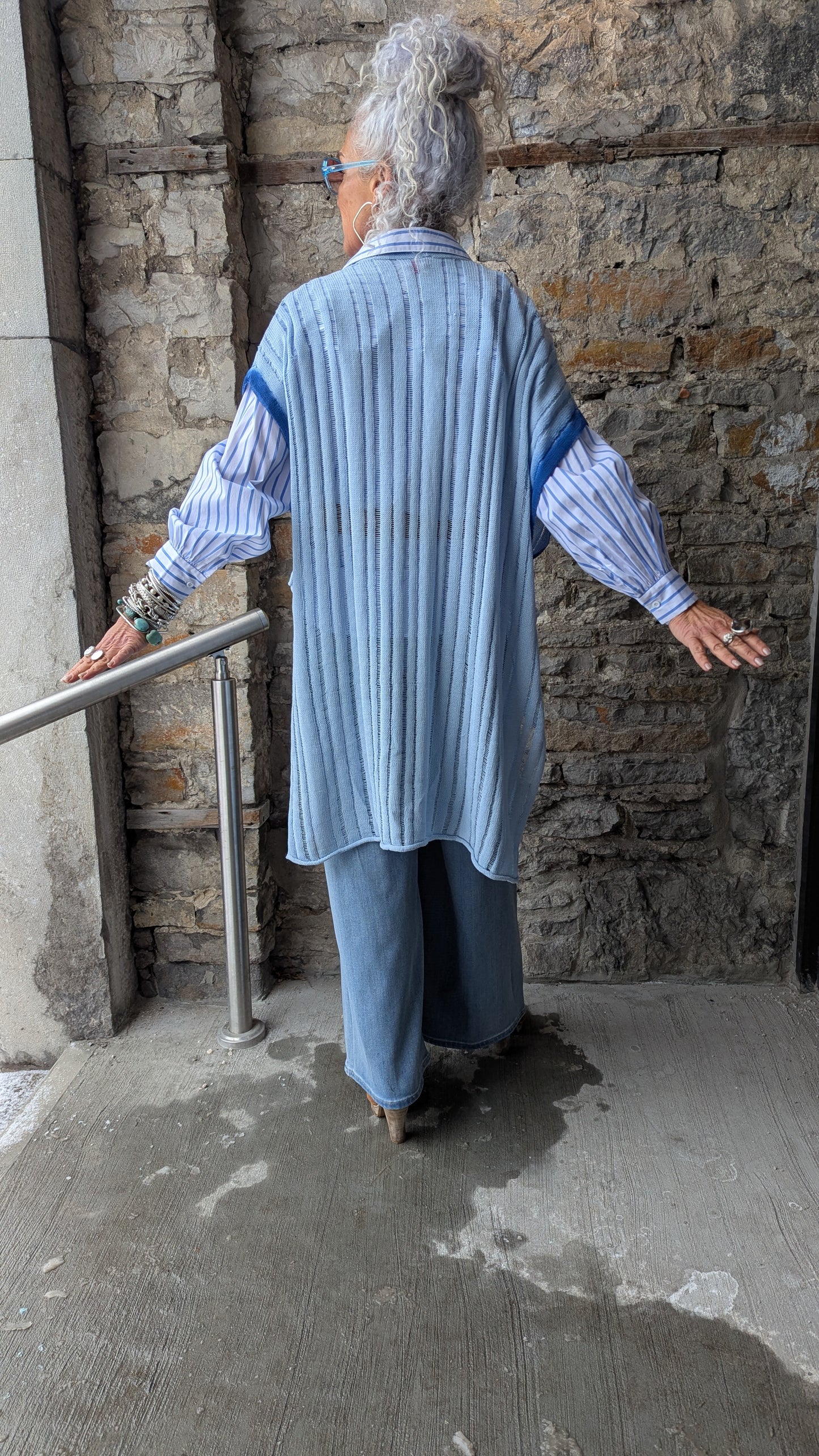 100% Cotton Knit Open Front Blue Ombre Kimono - Shades of Denim