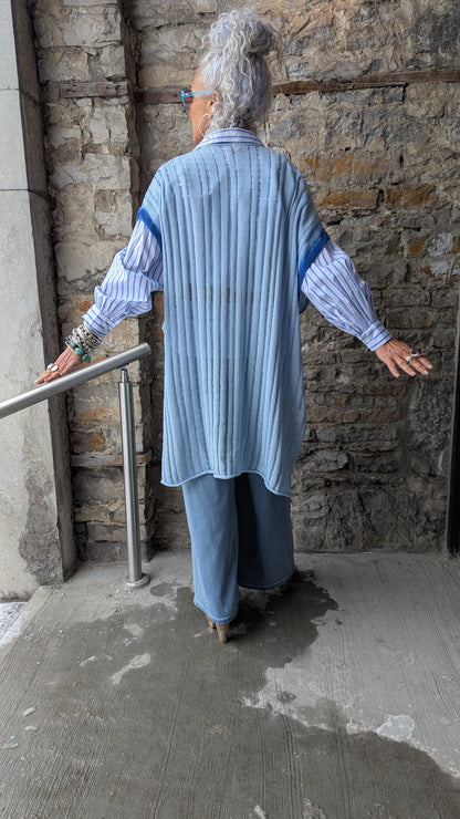 100% Cotton Knit Open Front Blue Ombre Kimono - Shades of Denim