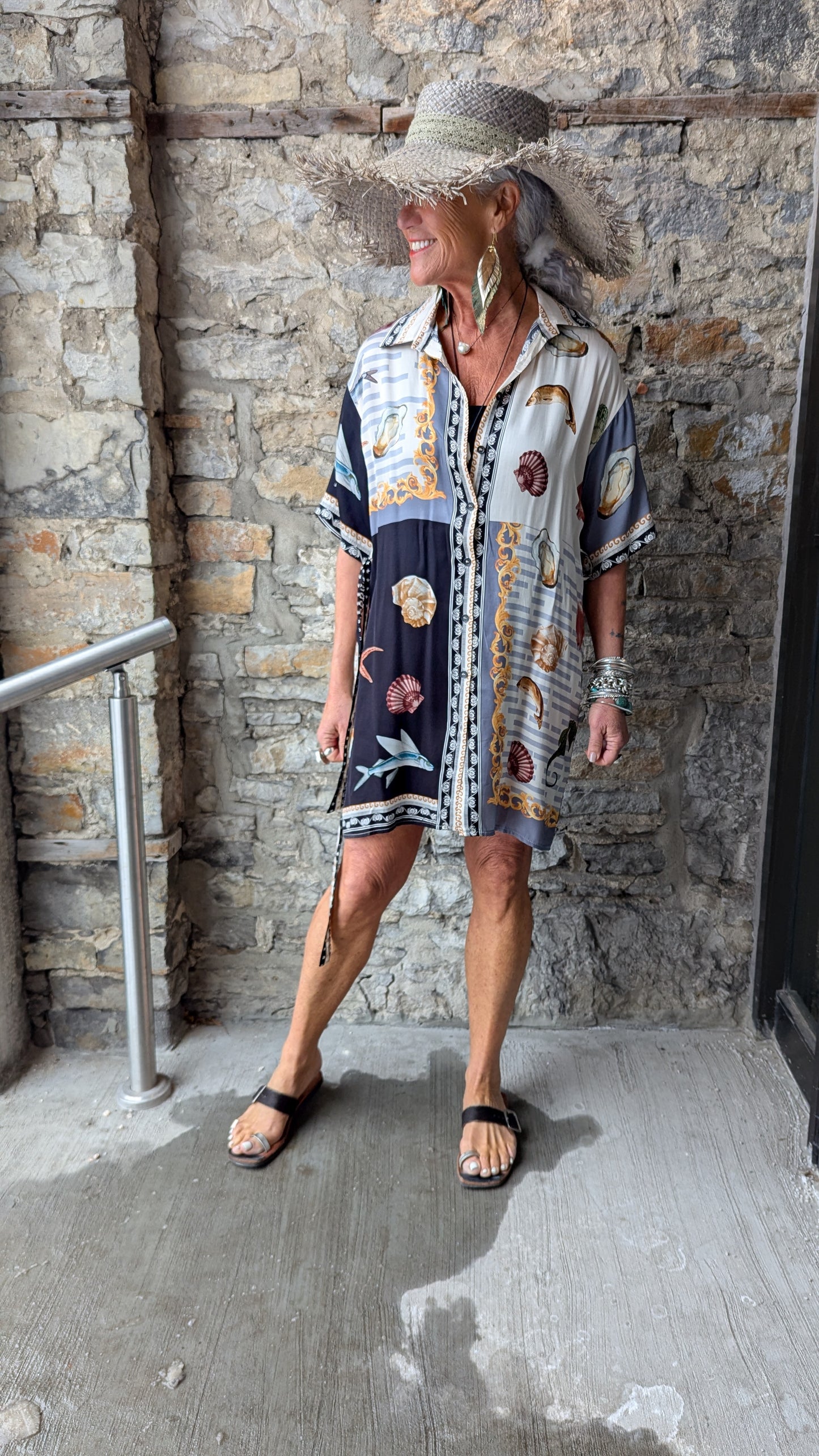 Silk Seashell Printed Shirt Dress with Belt - BLACK