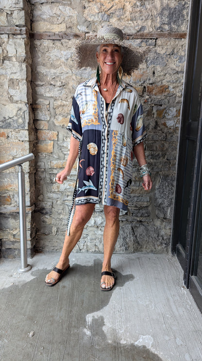 Silk Seashell Printed Shirt Dress with Belt - BLACK