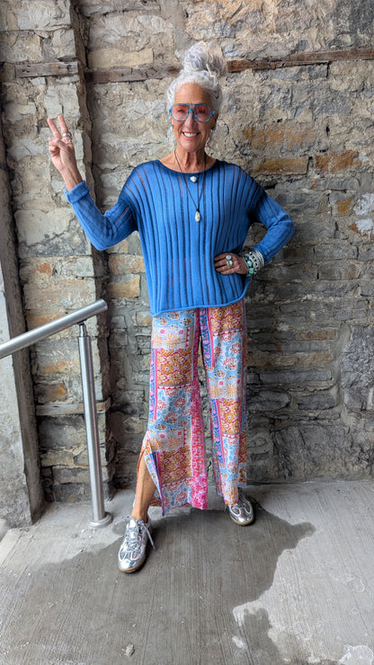 Multi Colour Floral Printed Lightweight Pant with Pockets- Pink Green White Blue