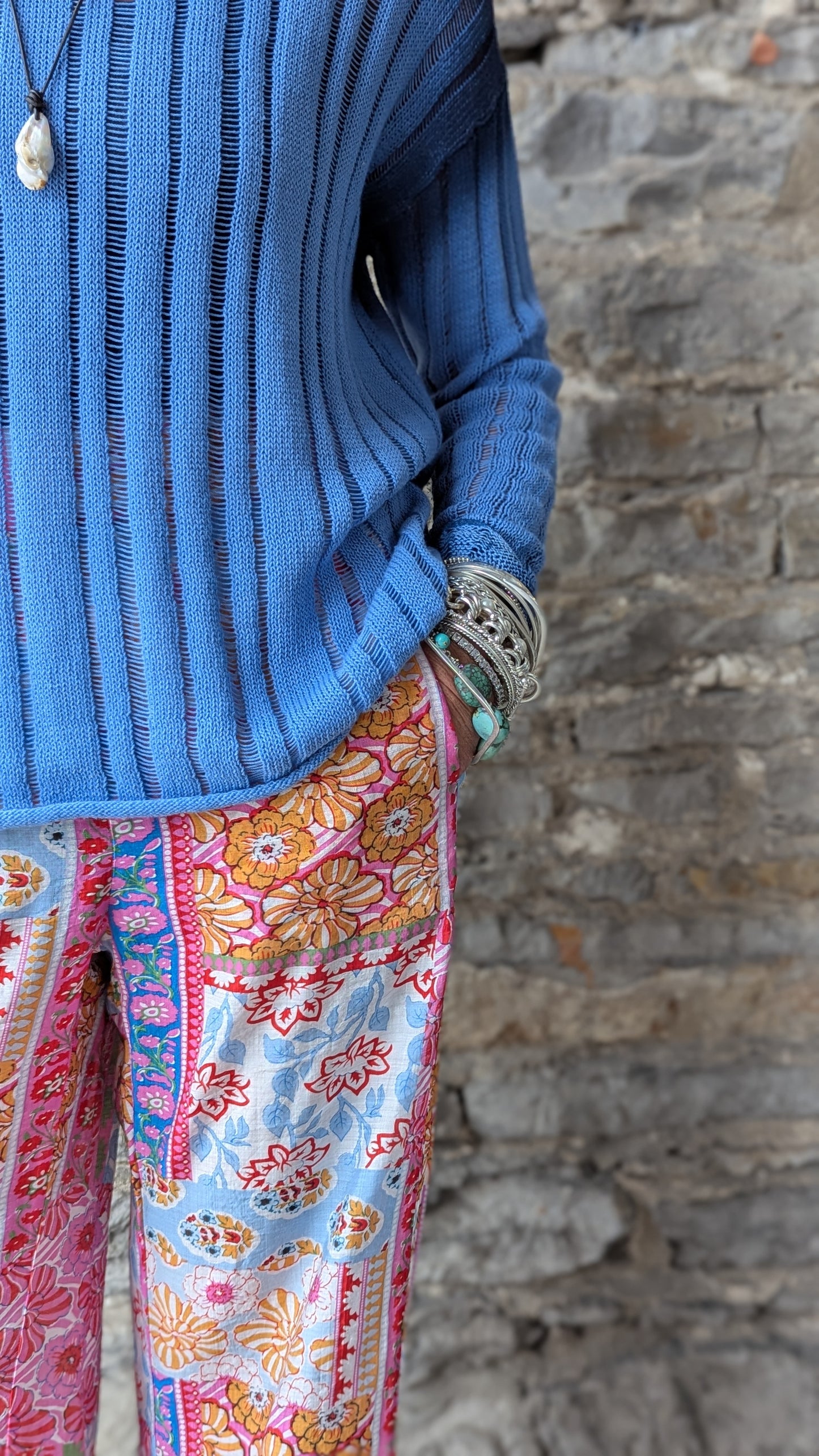 Multi Colour Floral Printed Lightweight Pant with Pockets- Pink Green White Blue